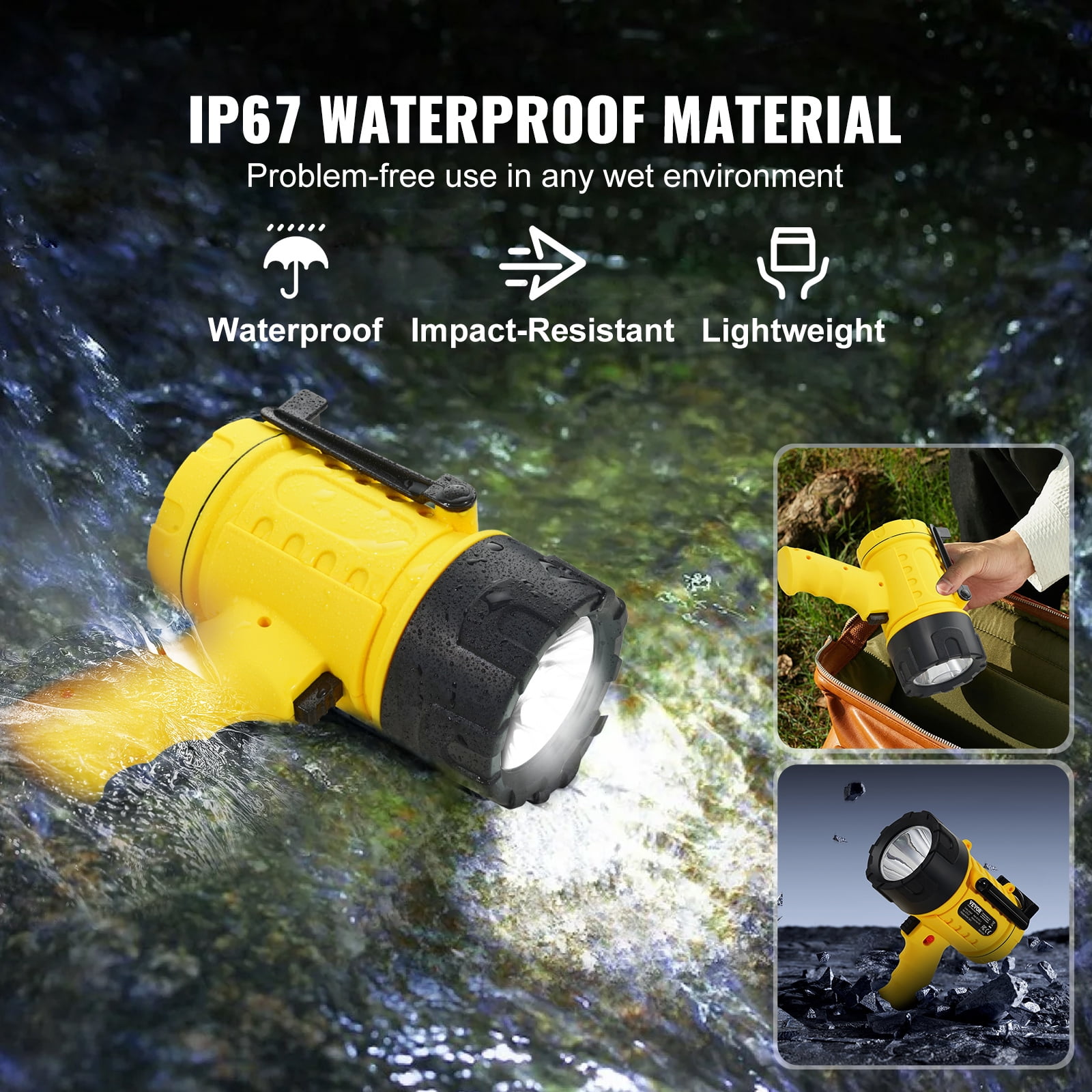 VEVOR Rechargeable Spotlight Flashlight, 1500 Lumens, IP67 Waterproof Handheld LED Spot Light, Super Bright Portable Searchlight with 4 Modes Detachable Lens USB Port, for Hunting Boating Camping