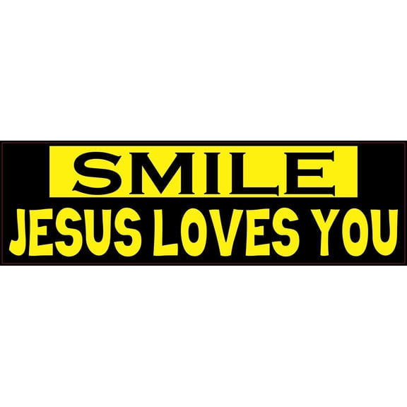 10in x 3in Yellow and Black Smile Jesus Loves You Bumper Sticker