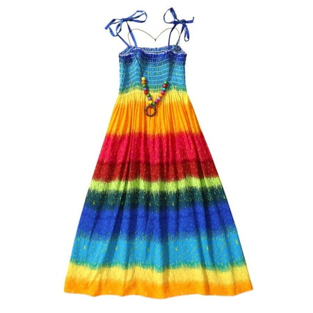 

GOODLY Summer Girls Flower Dress Kids Girl Lovely Bohemian Dress Beach Cotton Dresses Sleeveless Rainbow Sundress with Necklace 2-10Y