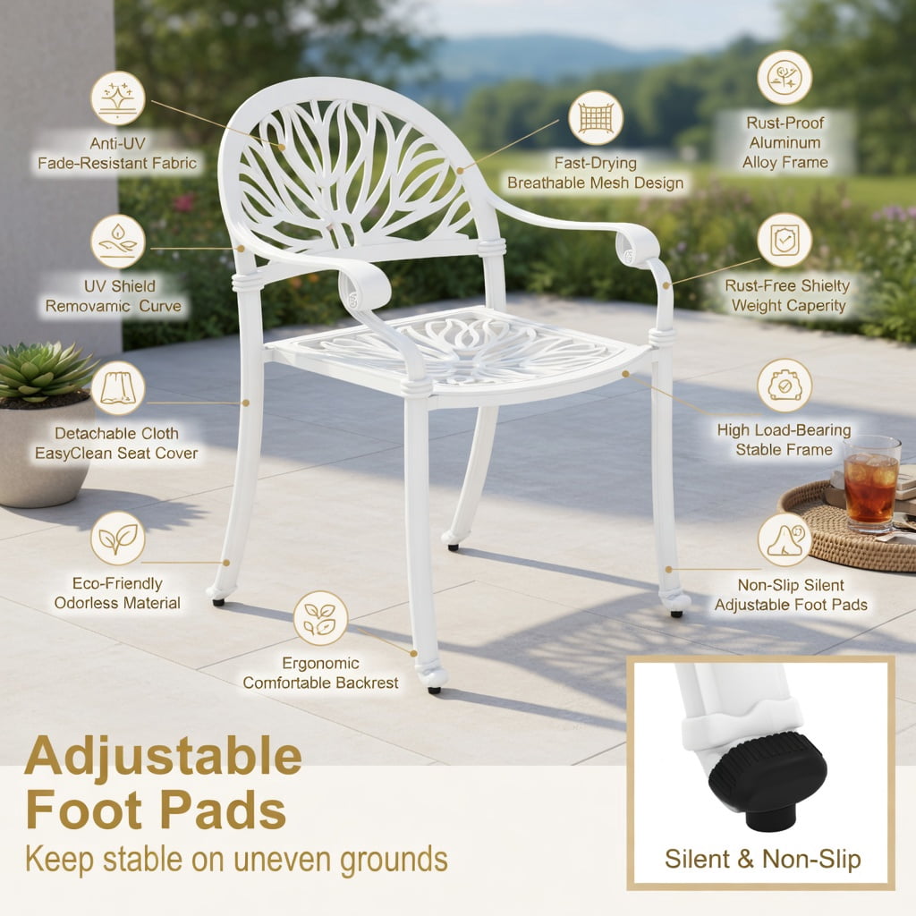 Hommoo 2-Pack Stackable Cast Aluminum Outdoor Dining Chairs with Armrests, All-Weather Patio Seating for Backyard, Garden & Porch, White
