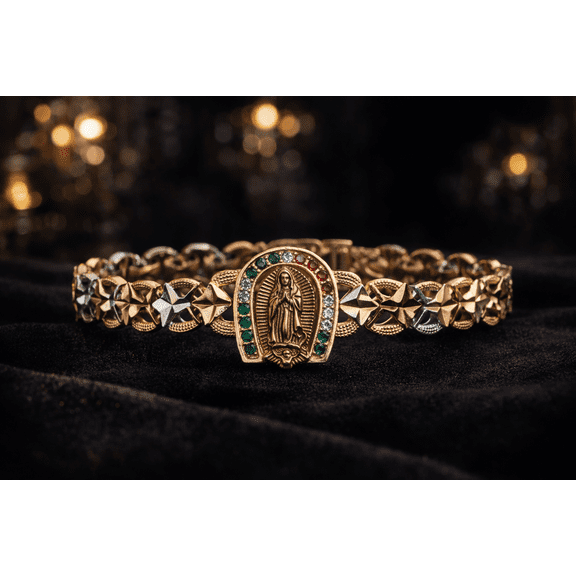 Tri Color CZ Virgen de Guadalupe Bracelet for Womens 7.5" Gold Filled Gifts