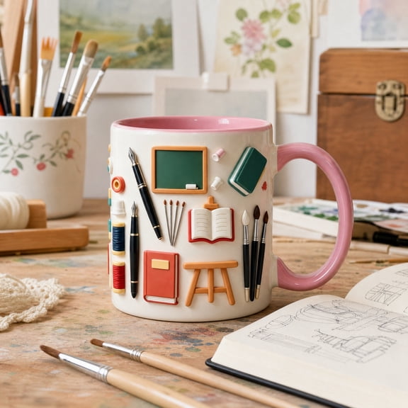Ceramic Coffee Mug with Daily Life Print, Pink Interior Holiday Drinking Cup, Everyday Stoneware for Coffee, Tea & Hot Beverages, Microwave Safe, A