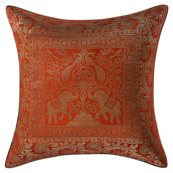 Stylo Culture Ethnic Chair Seat Throw Pillow Cover 16 x 16 Jacquard Peacock Orange Traditional 40 x 40 cm Home Decor Brocade Elephant Zippered Square Cushion Cover | 1 Pc