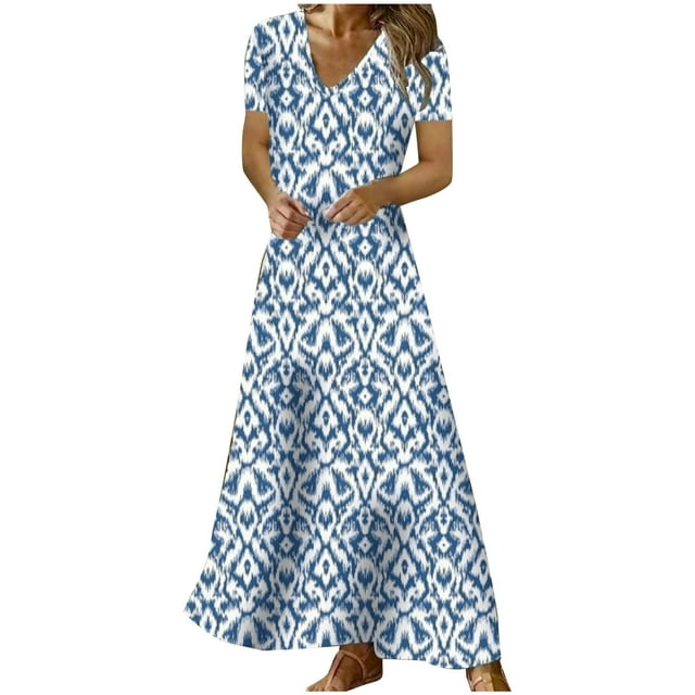 Hyknon Robes pour Femmes Mode Décontractée Printemps et Été Col en V Manches Trois-Quarts Robe Imprimée Décontractée Douce Fluide Ample