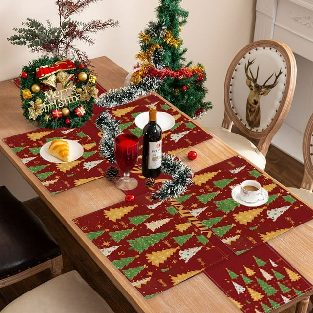 Linnome Christmas Placemats and Table Flag Set, Linen Print Tableware with Insulation Mats, Holiday Party Restaurant Dining Decoration Collection