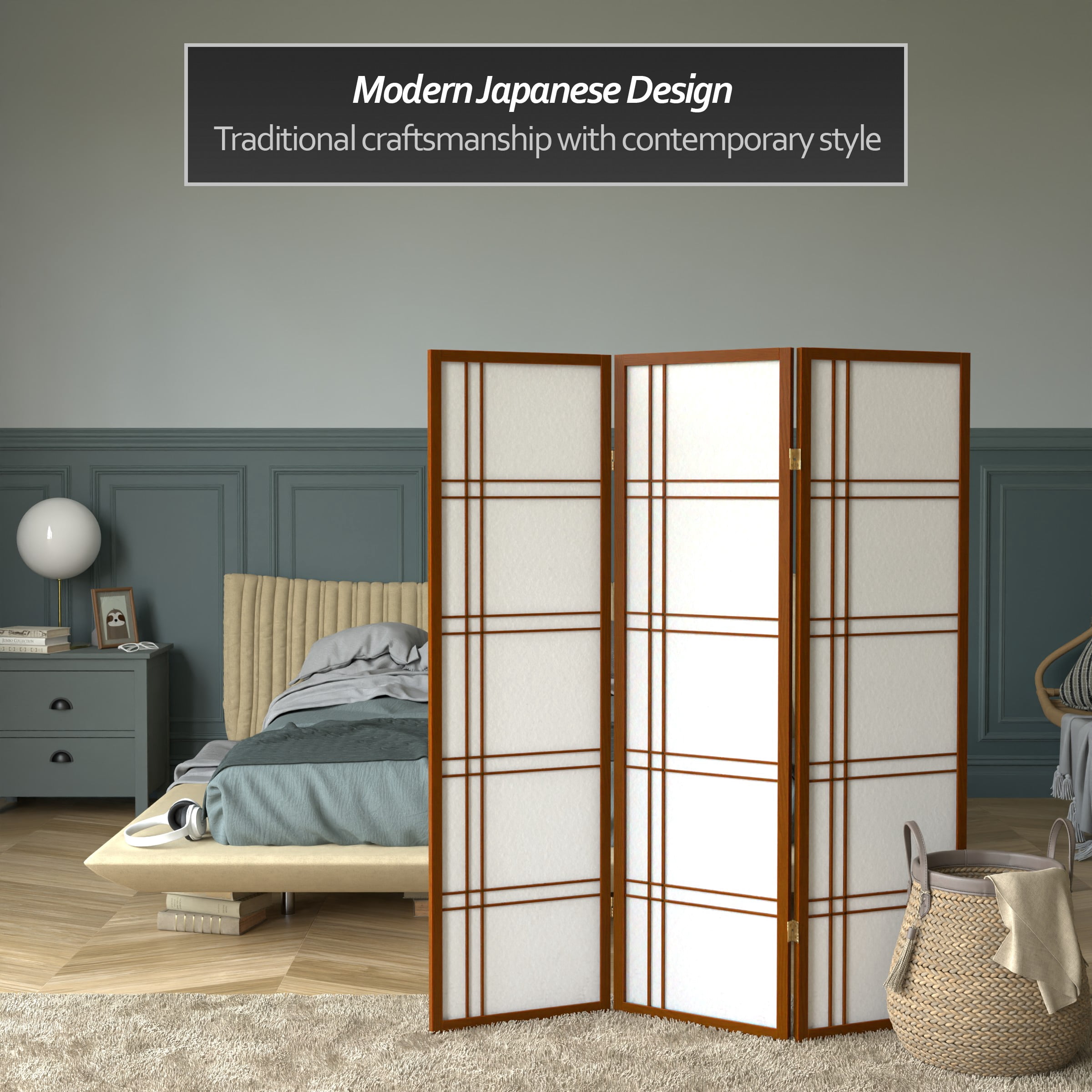 5 ft. Tall Japanese Style Shoji Screen with Double Cross Lattice - Walnut - Folding Panel