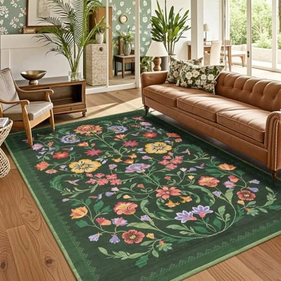 Washable Rug 5x7 Area Rugs For Living Room Floral Rug For Bedroom Soft Boho Non Slip Throw Rugs With Rubber Back Low Pile Stain Resistant Vintage Floral Carpet For Dining Room Green