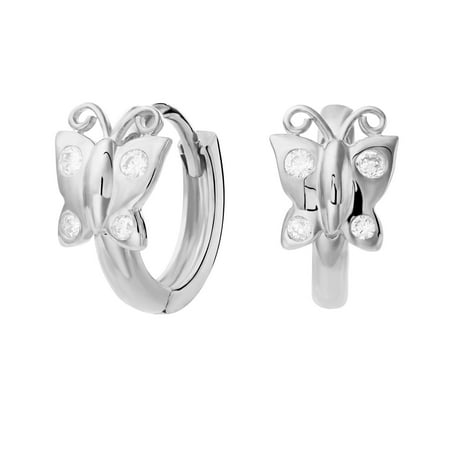 Tilo Jewelry 925 Sterling Silver Tiny Butterfly Huggie Hoop Earrings with Cubic Zirconia CZ Stones | Small 10MM | Women & Unisex