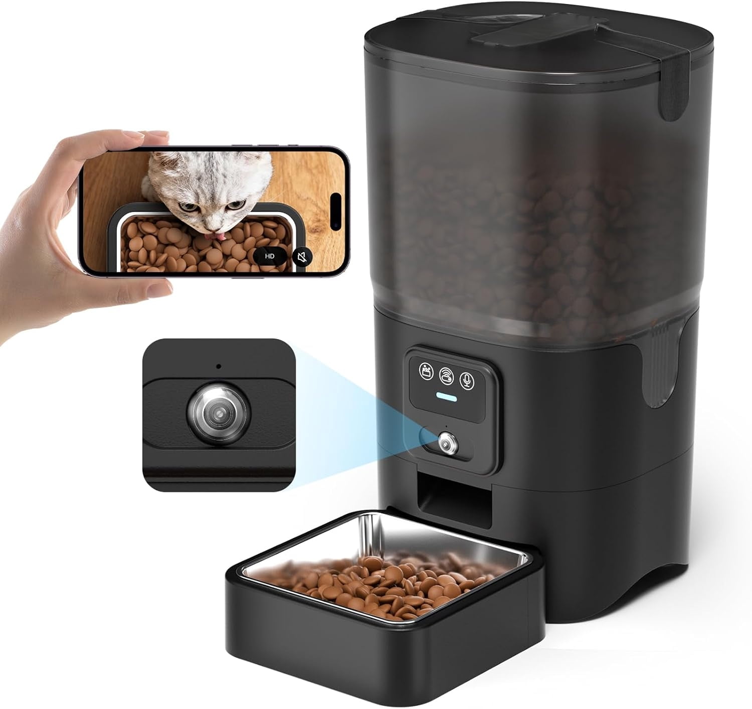 6L Automatic Cat & Dog Feeder – WiFi 2.4G Smart Pet Feeder with 720p HD Camera, Night Vision, Two-Way Audio, Detachable for Easy Cleaning, 1–10 Meals/Day, Black