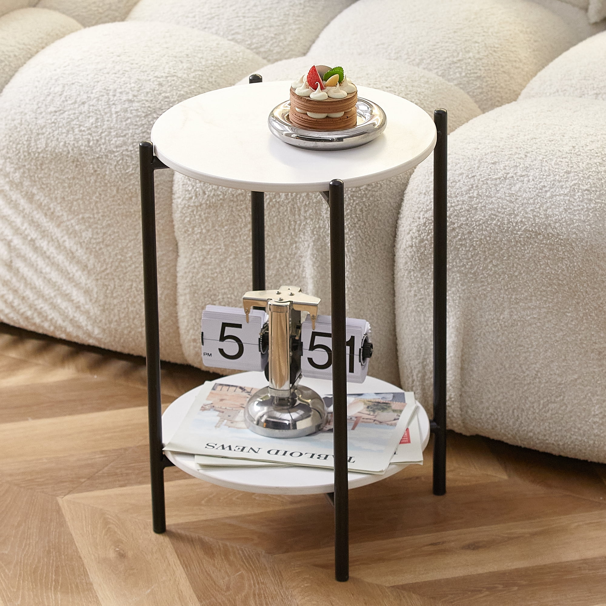 Yardi Yard 2-Tier Small Accent Table with with Faux Marble Tabletop, Round Metal Black End Table for Sofa Side