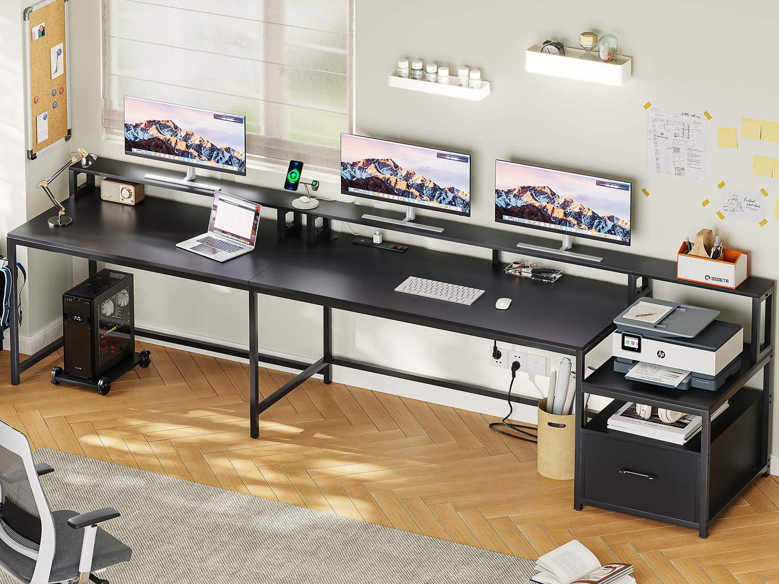 L Shaped Desk with Power Outlet and LED Lights, Computer Desk with File Drawer, Study Writing Desk Workstation for Home Office, Black