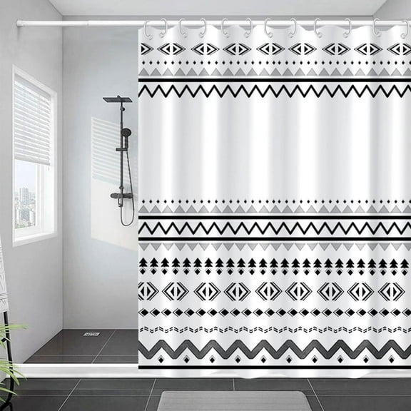 White Black Shower Curtain for Bathroom Boho Shower Curtains Cloth with Hooks Bohemian Stripe Geometric Fabric Shower Curtain 72x72 inches