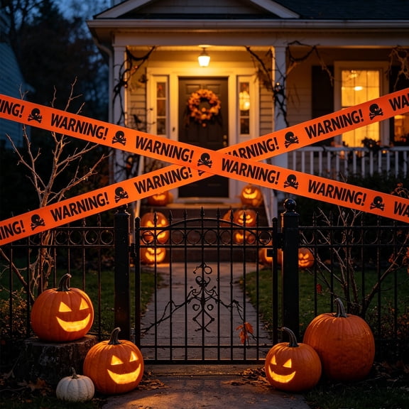 Japceit 16.4 Ft Halloween Caution Tape, Spooky Print Orange Barrier Ribbon, No Glue Scary Party Decor For Yard, Indoor Outdoor Home Accent