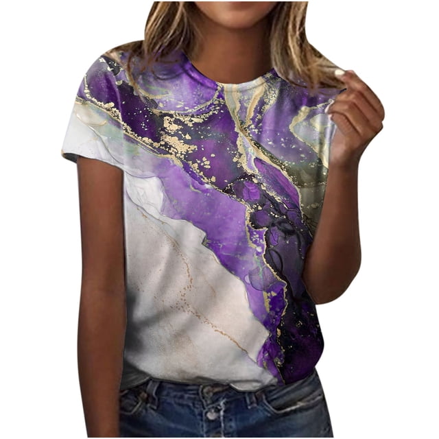 Blusa de camiseta informal con estampado de manga corta y cuello redondo de verano para mujer a la moda Fridja hjk609