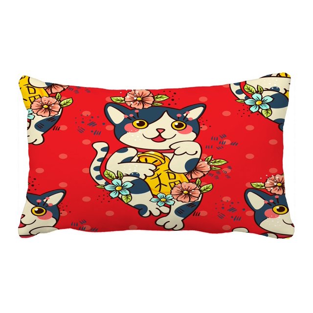 ABPHQTO Happy Japanese Cat Maneki Neko Flowered Mascot Tattoos Funda de almohada Funda de almohada Protector de almohada Cama 50x75 cm