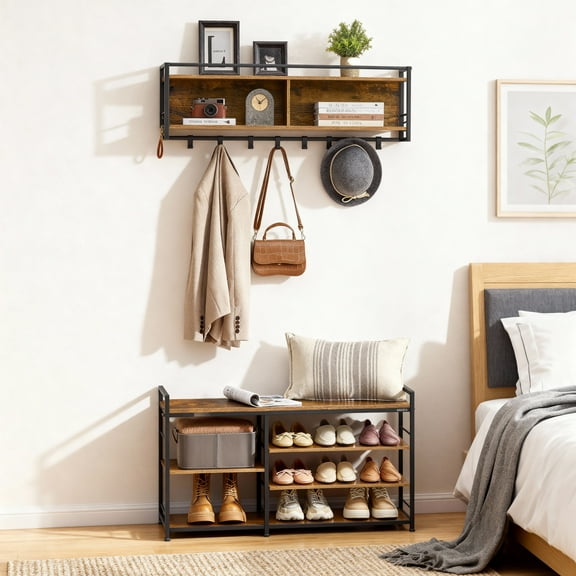 LEDREM Hall Tree with Shoe Bench, 12-Hook Coat Rack & 4-Tier Shoe Storage, Multifunctional Entryway Organizer, Rustic Brown