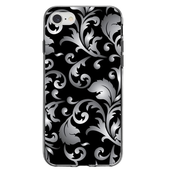 DistinctInk Clear Shockproof Hybrid Case for iPhone 7 8 SE (2020 Model) 4.7" Screen TPU Bumper Acrylic Back Tempered Glass Screen Protector - Silver Grey Black White Floral - Floral Damask Pattern