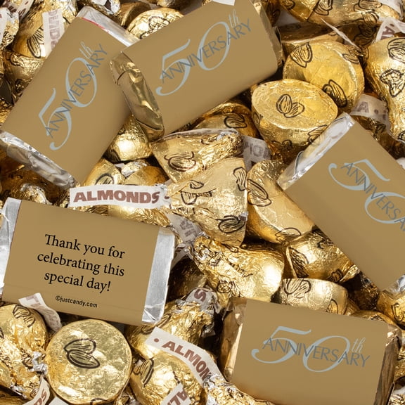 124ct 50th Anniversary Wrapped Miniatures and Gold Almond Kisses by Just Candy (1.52 lbs)