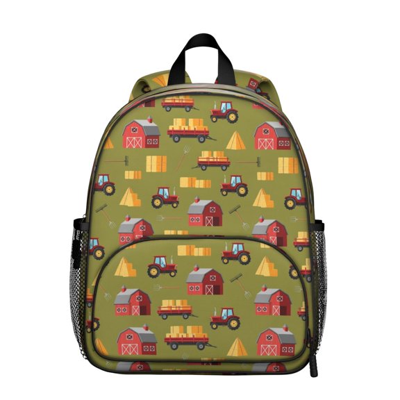 Tractor and Barns Green Pattern Backpack for School, Cute School Bag with Adjustable Shoulder Straps and Padded Back, 13.8"x11.4"x6"