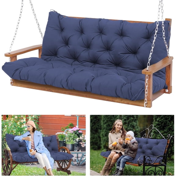 Durable Extra 5" Thick Waterproof Porch Swing Cushions Outdoor 60 inch Swing Cushions 3 Seater Replacement Fade-Resistant with Backrest and Ties, for Outdoor Patio Long Bench Furniture(Navy Blue)