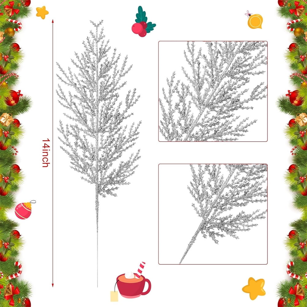 NOGIS Artificial Glitter Pine Tree Twig Ornaments, 24 Pcs Christmas Artificial Pine Branches Faux Cedar Picks Decorative Sticks Glittery Stems for Vase Fillers Holiday Wedding Decor (Silver)