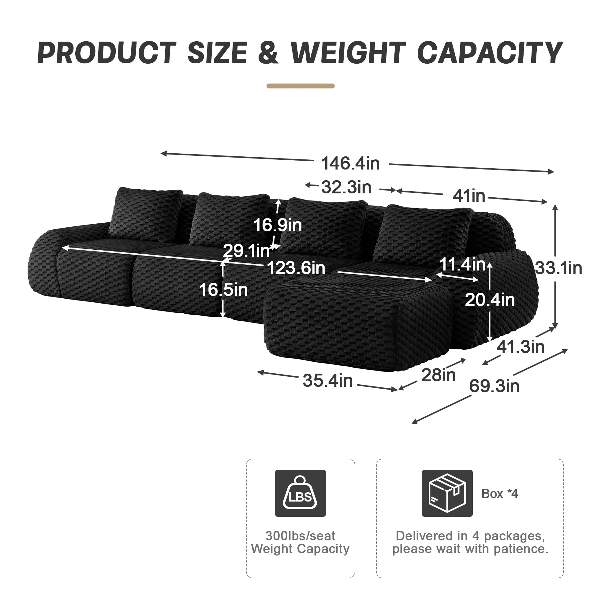 Alvantor 146" Cloud Modular Sectional Sofa with Movable Ottoman, L Shaped Deep Seat Flannelette Boneless Couch for Living Room Bedroom Black
