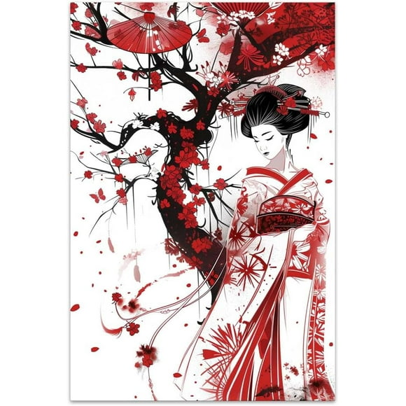 Unframed Canvas Wall Art For Bedroom Office Wall Decor, 18x12in Japanese Style Kimono Woman Wall Decorations For Living Room Painting Pictures Artwork For Modern Posters Prints Home Decor