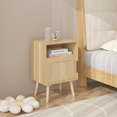 thumbnail image 5 of Small Nightstand for Small Spaces, 22.83 H Rattan Nightstand with Door and Open Shelf, Oak Side Table with Solid Wood Legs, Accent Bedside End Table for Bedroom, Dorm, Nightstand for Small Bedroom, 5 of 12