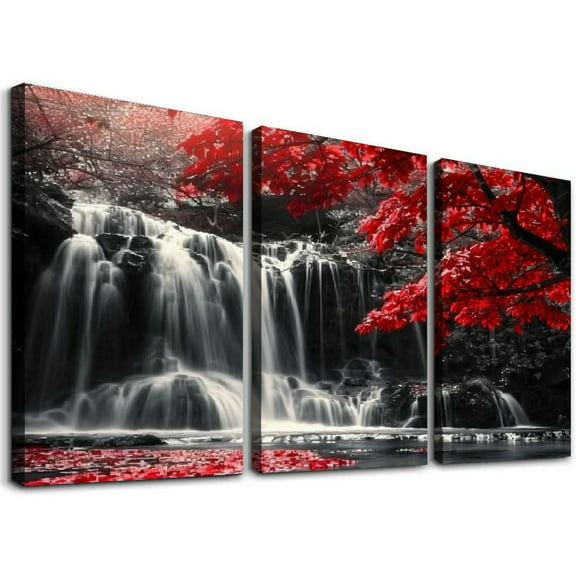 nygtbtfer Visual Art Decor 3 Pieces Forest Canvas Wall Art Black White and Red Trees Waterfall Landscape Picture Prints Modern Home Living Room Office Painting Ready to Hang 12x16x3pcs