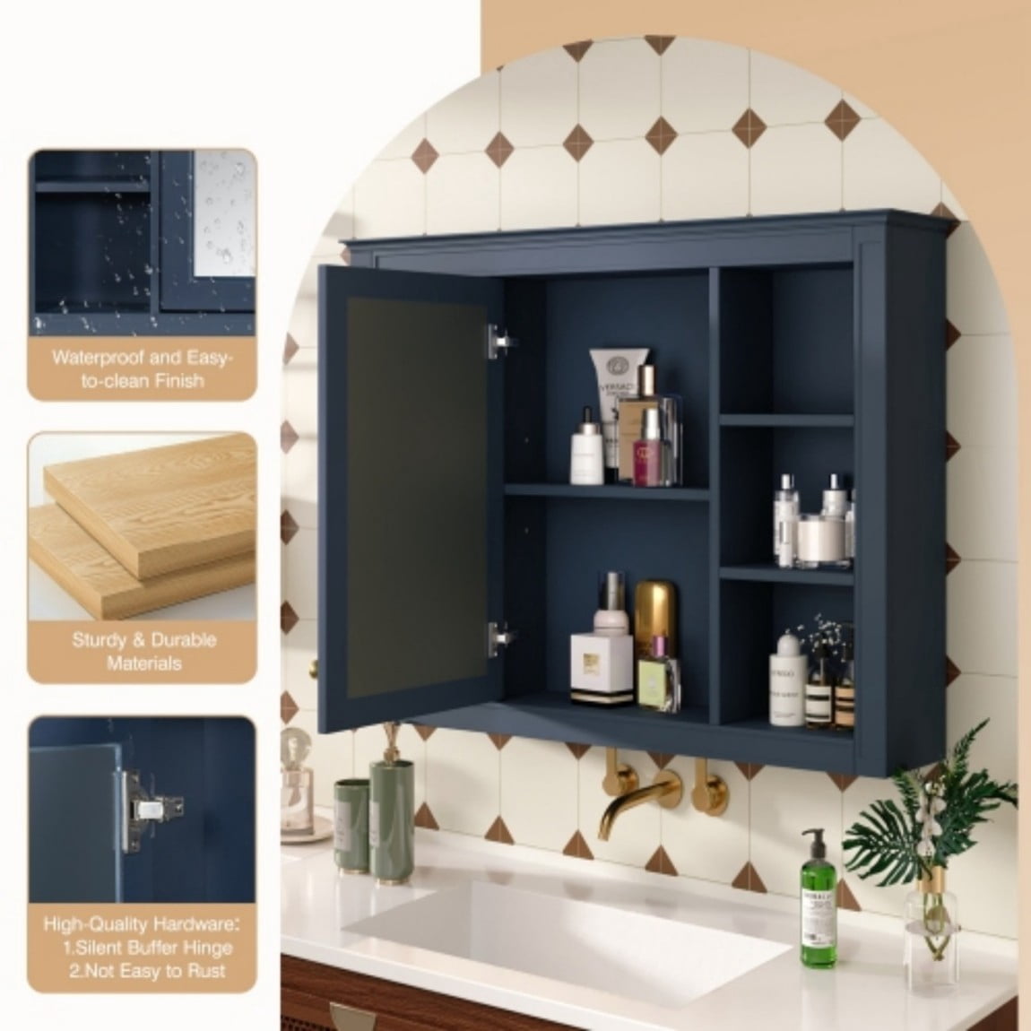 35"x 28" Wall Mounted Bathroom Medicine Cabinet with Mirror, Bathroom Storage Cabinet with 6 Open Shelves, Adjustable Shelves & Towel Bar, Blue