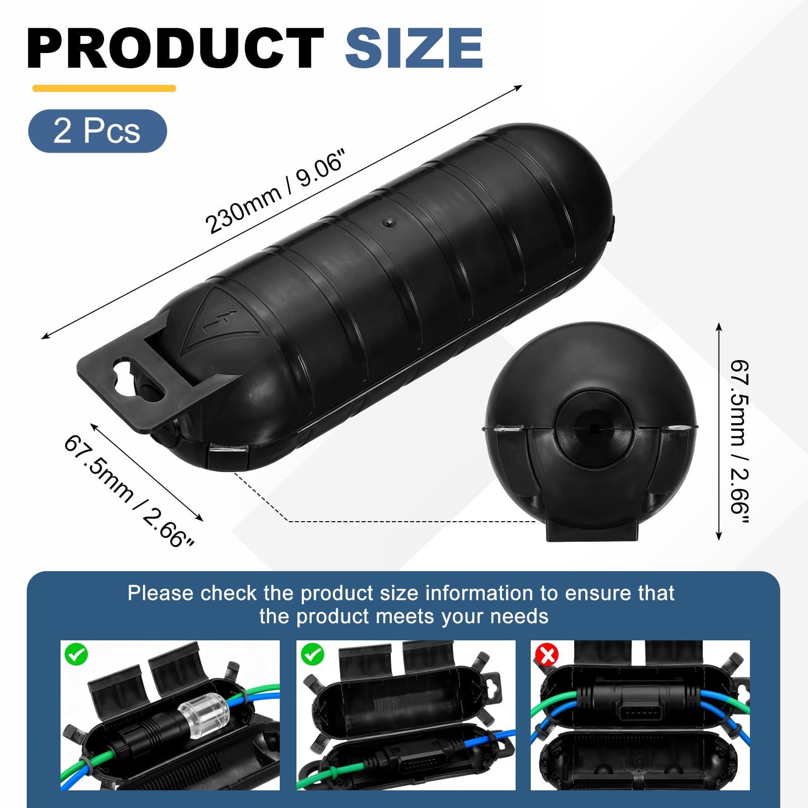 Uxcell 2Pcs Outdoor Extension Cord Safety Cover, IP55 ABS Black Waterproof Electrical Connection Box Outdoor Plug Cover Protector for Socket, Christmas Holiday Light, 9.06 x 2.66 x 2.66in