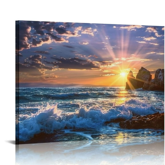 Jiayy Wall Art Decor Canvas Print Picture Sunset Blue Ocean Sea Waves Scenery Painting Artwork for Office Wall Decor Home Decoration Stretched and Framed Ready to Hang