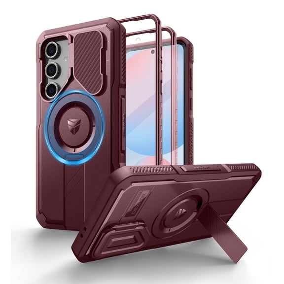 Dexnor for Samsung Galaxy S24 FE Case with Flip Camera Cover & Adjustable Kickstand & Built-in Screen Protector,Compatible with MagSafe Shockproof Bumper Heavy-Duty Magnetic Protective Cover,Red