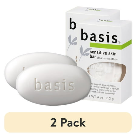 (2 pack) Basis Sensitive Skin Bar Soap, Unscented Soap Bar for Sensitive Skin, 4 oz Bar