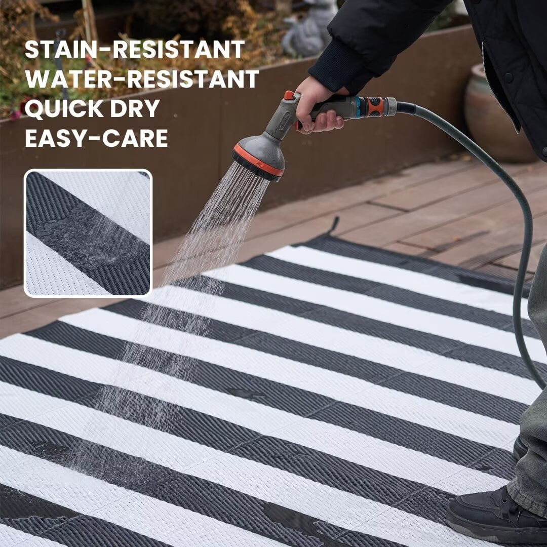 STRICKLANDHOME Outdoor Rug 5 x 8 ft, Reversible Plastic Straw Rug for Patio, Waterproof Large Outdoor Carpet for RV, Patio, Camping, Backyard, Deck, Picnic, Beach, Black & White