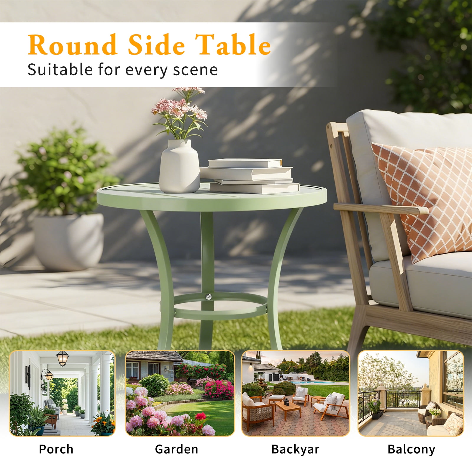 Ktaxon Round Patio Side Table 20 Inch, Metal Indoor Outdoor Coffee Table, Light Green