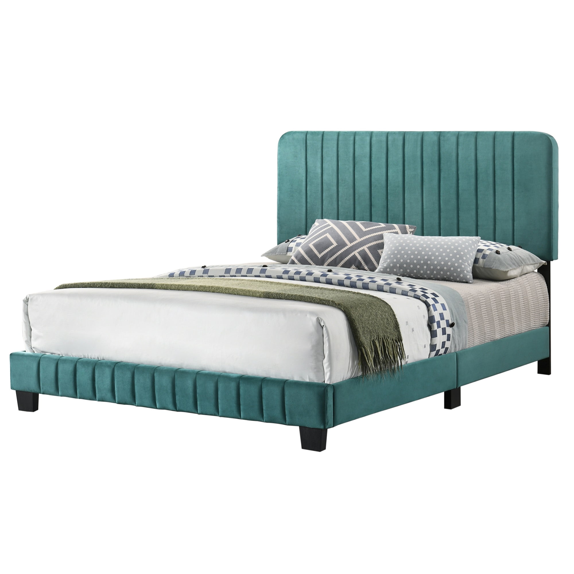 Lodi Green Velvet Upholstered Channel Tufted Queen Panel Bed