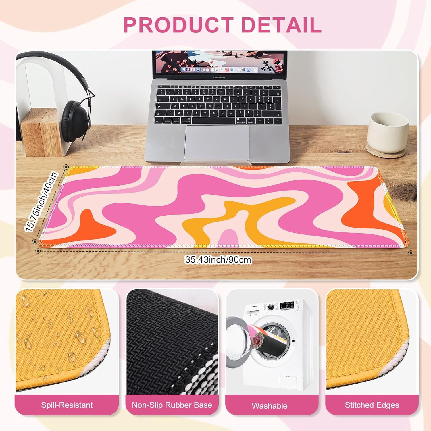 Pink Desk Mat Desktop, Computer Large Mouse Pad for Desk, Gaming Desk Pad Matt, Mousepad with Non-Slip Base, Cute XXL Keyboard Mat for Office Women Laptop, Abstract Modern Colorful