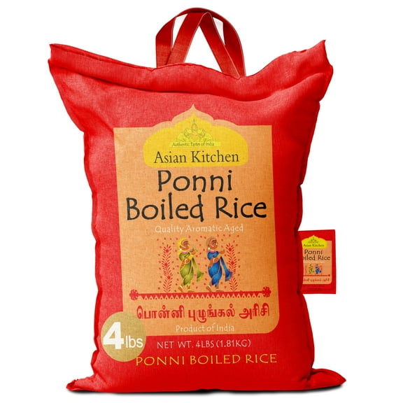 Asian Kitchen Ponni Boiled Rice 4-Pound Bag, 4lbs (1.81kg) Short Grain Par Boiled Rice ~ All Natural | Gluten Friendly | Vegan | Indian Origin | Export Quality