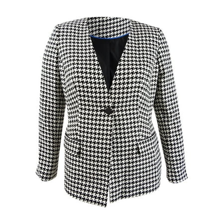 Calvin Klein Women's Houndstooth-Print Single-Button Blazer (10P, Black/Cream)