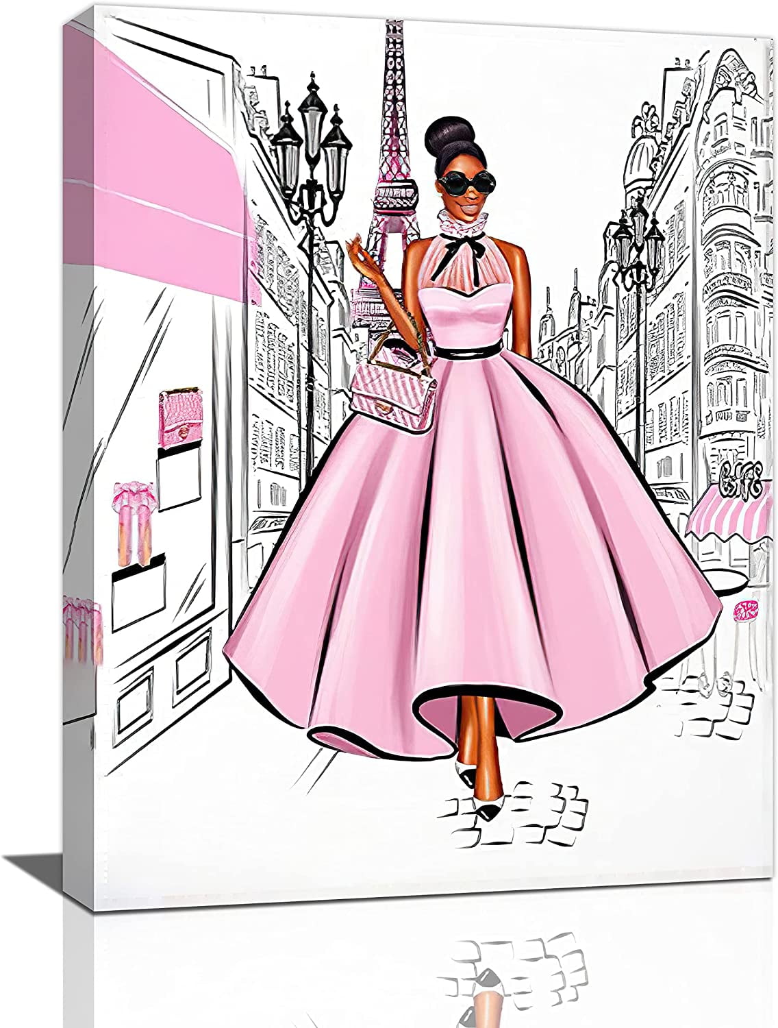 Black Girl Pink Canvas Wall Art African American Painting Wall Decor Fashion  Women In Paris Eiffel Tower Pictures Modern Framed Prints Artwork for Girls  Room Bathroom Bedroom 12\, image size:1136x1500