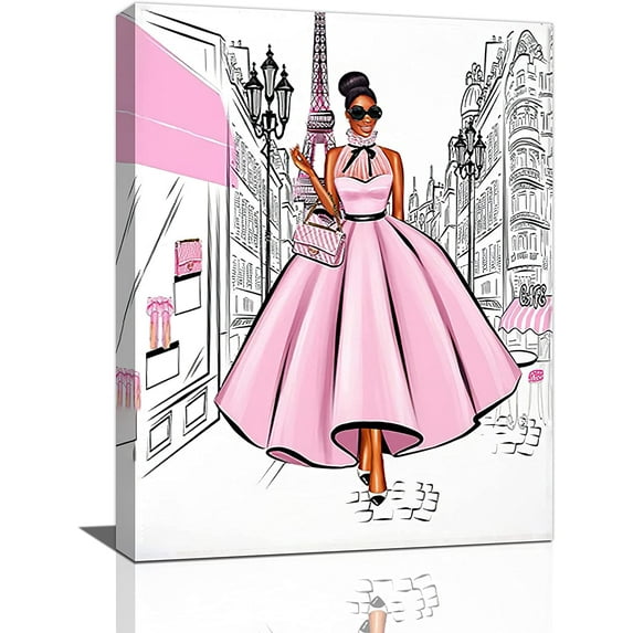 Black Girl Pink Canvas Wall Art African American Painting Wall Decor Fashion Women In Paris Eiffel Tower Pictures Modern Framed Prints Artwork for Girls Room Bathroom Bedroom 12"x16"