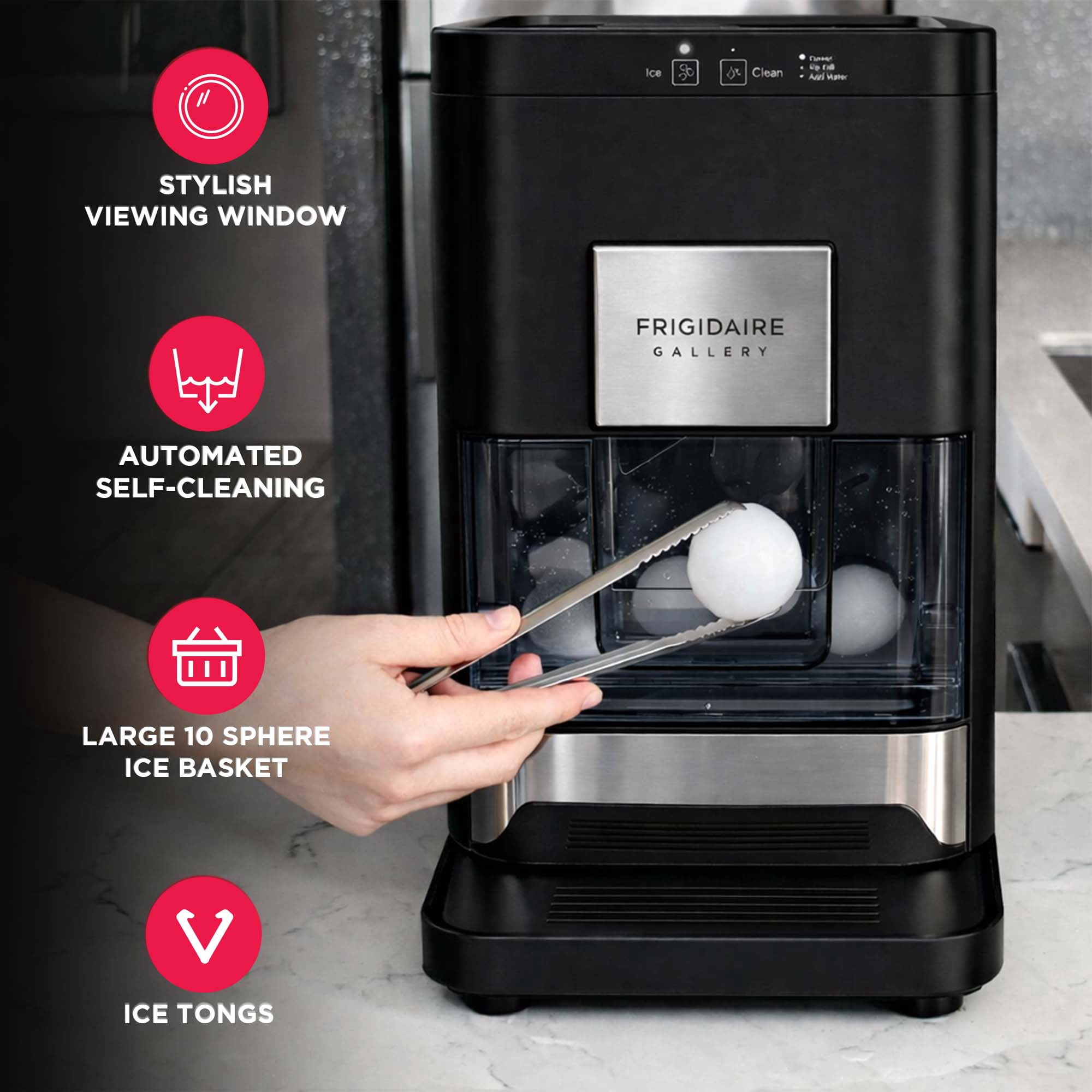 Frigidaire Gallery Clear Ice Maker with Sphere Ice, Countertop Ice Maker for Whiskey & Cocktails, Stainless Steel Black