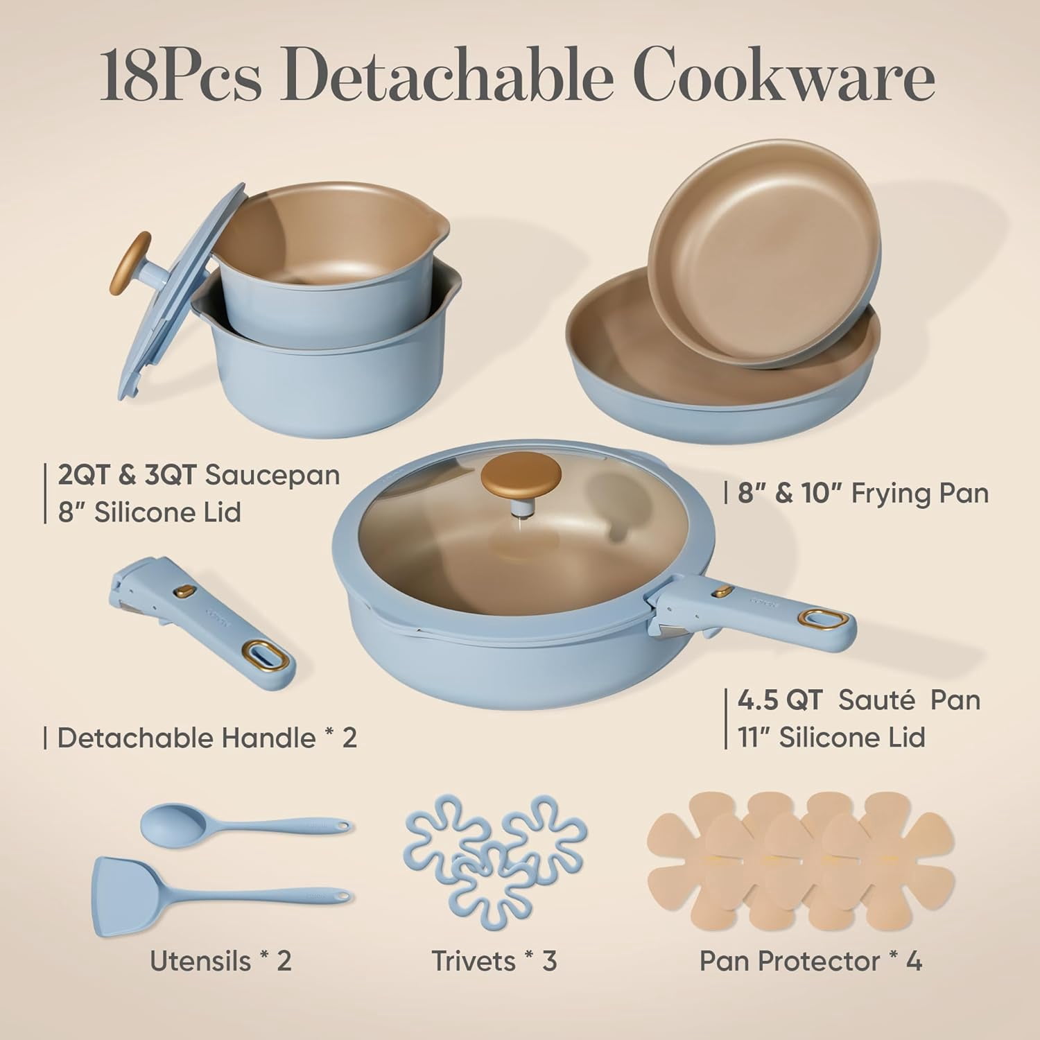 18-Piece  Reinforced Nonstick Cookware Set with Detachable Handles, Blue Induction Pots and Pans for Home Kitchen