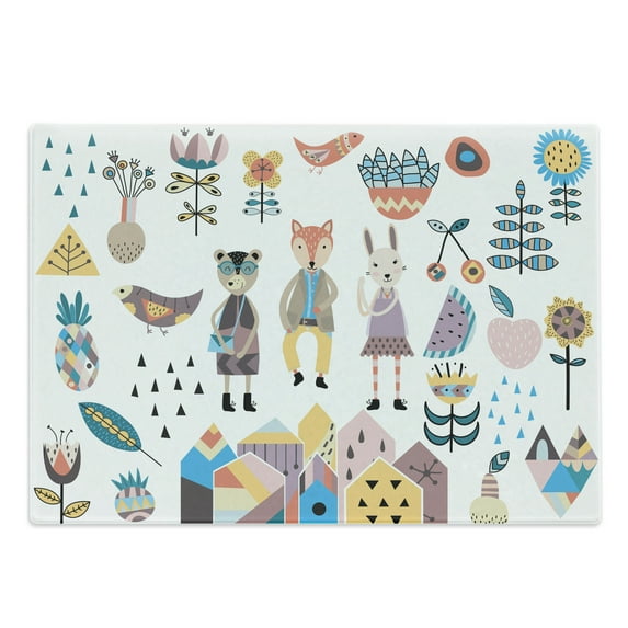Cartoon Cutting Board, Hand Drawn Fox Bunny and Bear with Human Clothing Scandinavian Style Cartoon Motifs, Decorative Tempered Glass Cutting and Serving Board, Large Size, Multicolor, by Ambesonne