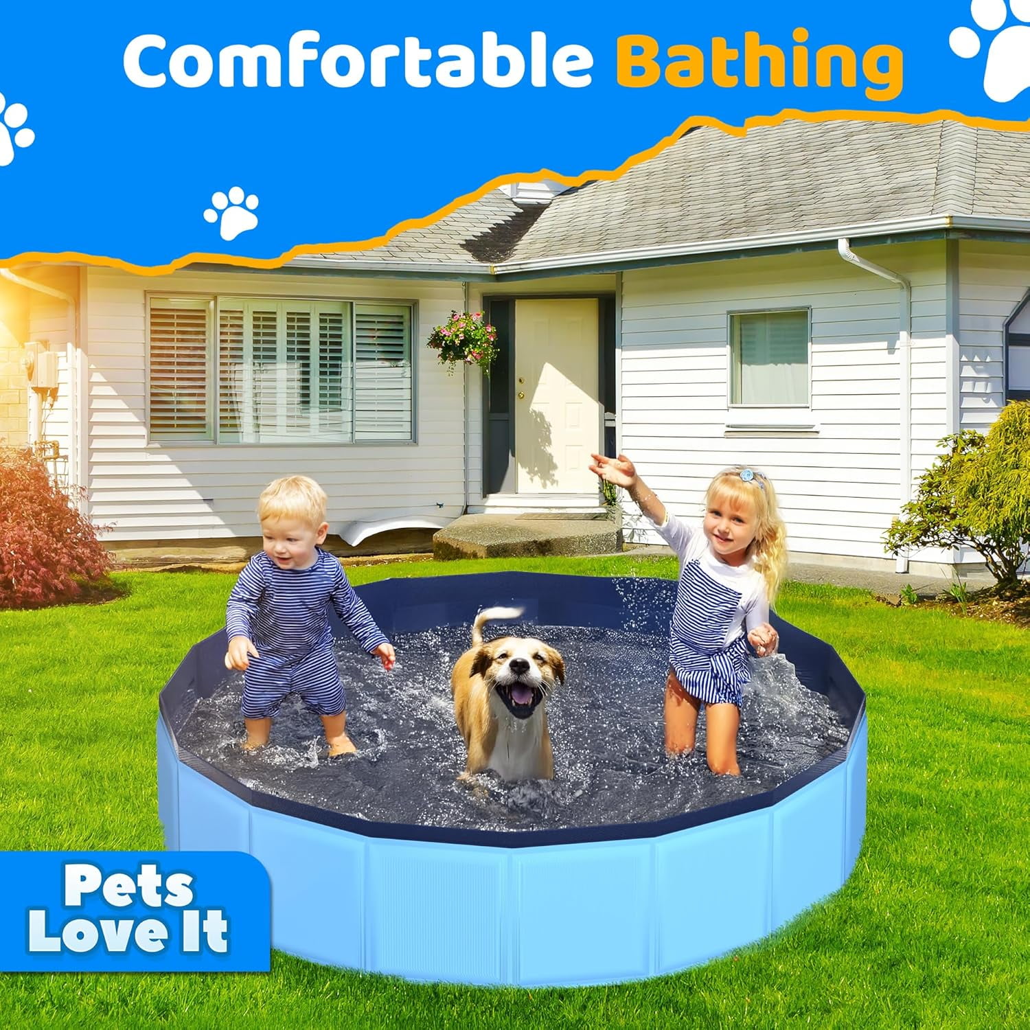 Foldable Dog Pool, 71" x 12" Large Kiddie Pool with Hard Plastic, Non-Slip Dog Bath Tub for Outdoor Backyard, Collapsible Dog Swimming Pool for Kids Dogs Pets (Blue)