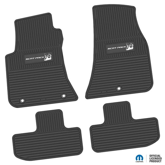 Flextread Floor Mats for 11-24 Dodge Challenger RWD - Mopar Licensed Factory Fit - Black w/ White Scat Pack Insert - Custom Vintage - 100% Made in USA