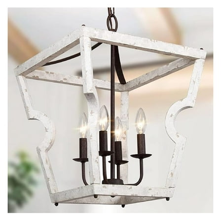 LNC Farmhouse Chandelier, 4-Light Foyer Lighting, Wood Chandelier for Dining Room, Entryway, Weathered White Wood