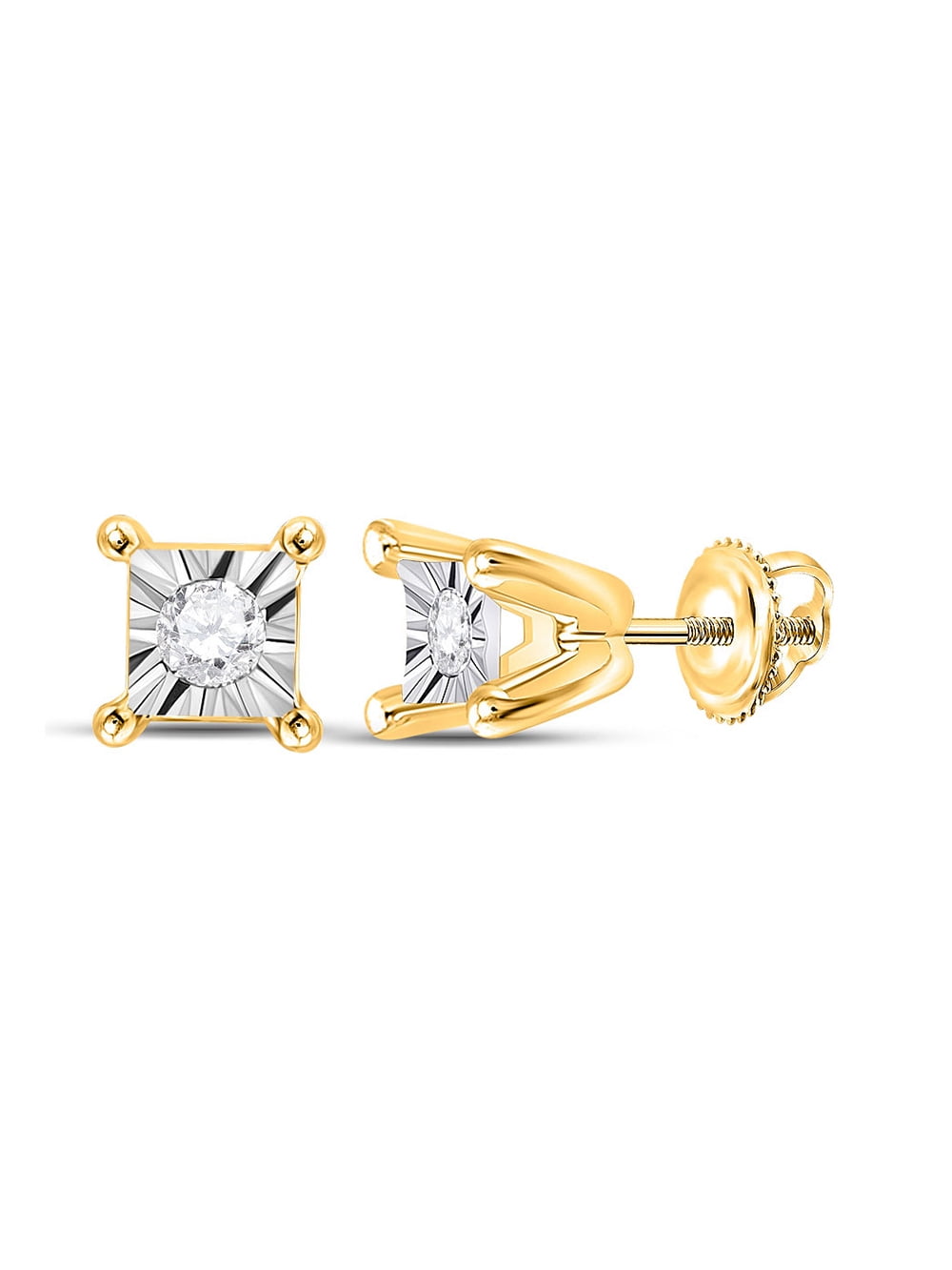 10kt Yellow Gold Womens Round Diamond Solitaire Square Stud Earrings 1/20 Cttw 