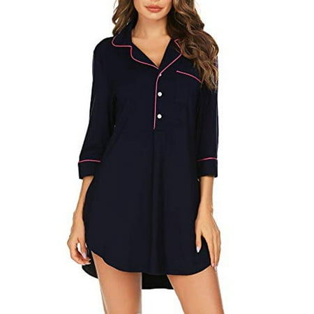 - LELINTA Nightgown Women V Neck Nightshirt Boyfriend Sleep Shirt 3/4 Sleeve Button Sleepwear, Black/ Grey/Navy Blue S-XXL